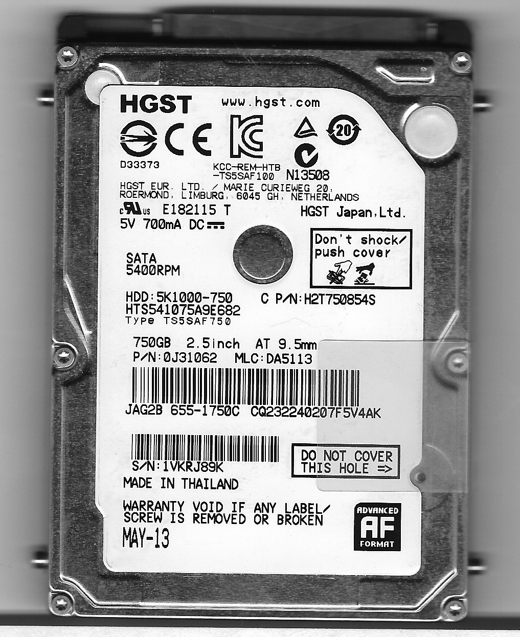 HGST 2.5" 750GB SATA Hard Drive 6400RPM HTS541075AE682 - Click Image to Close